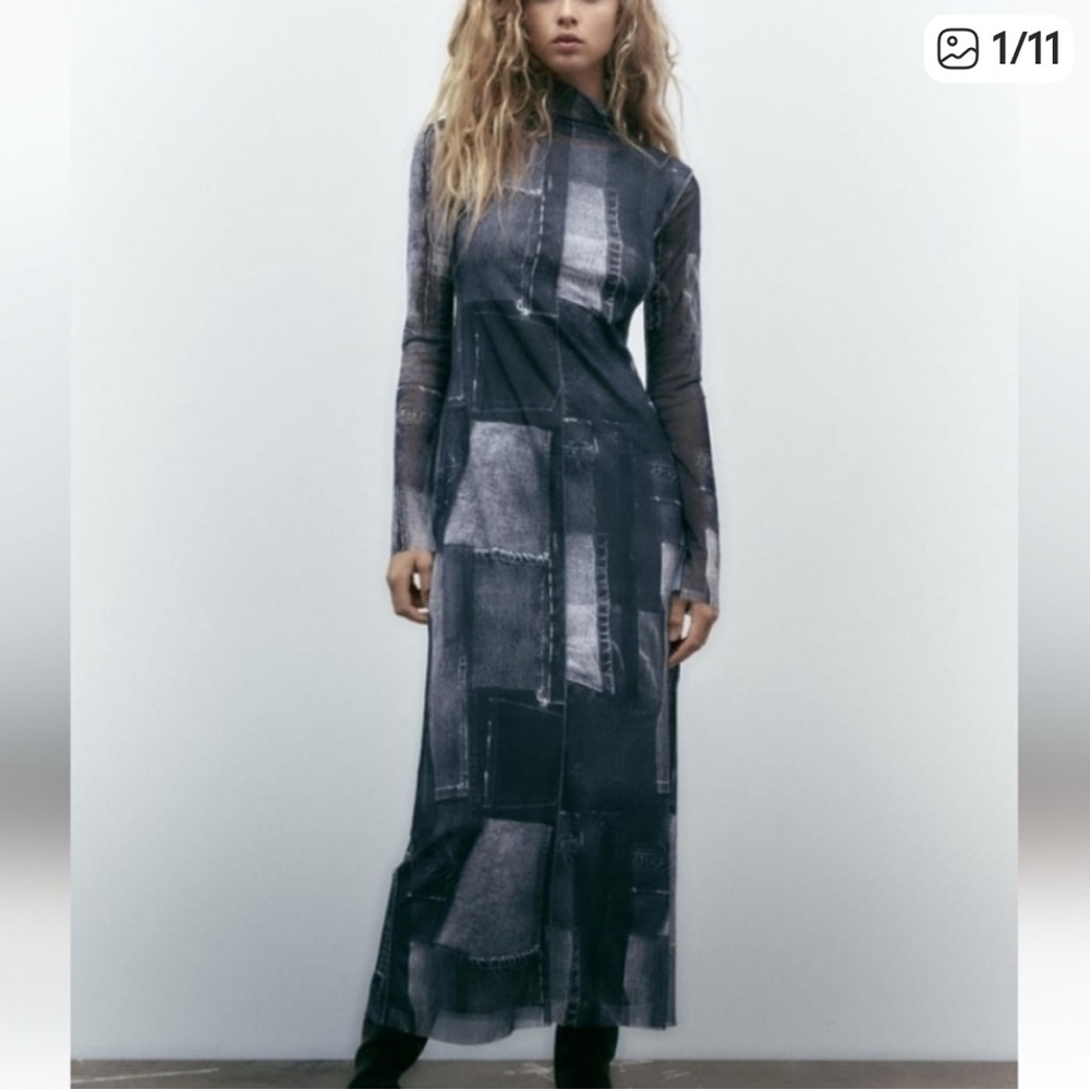 Zara denim print mesh Patchwork Long Sleeve Dress